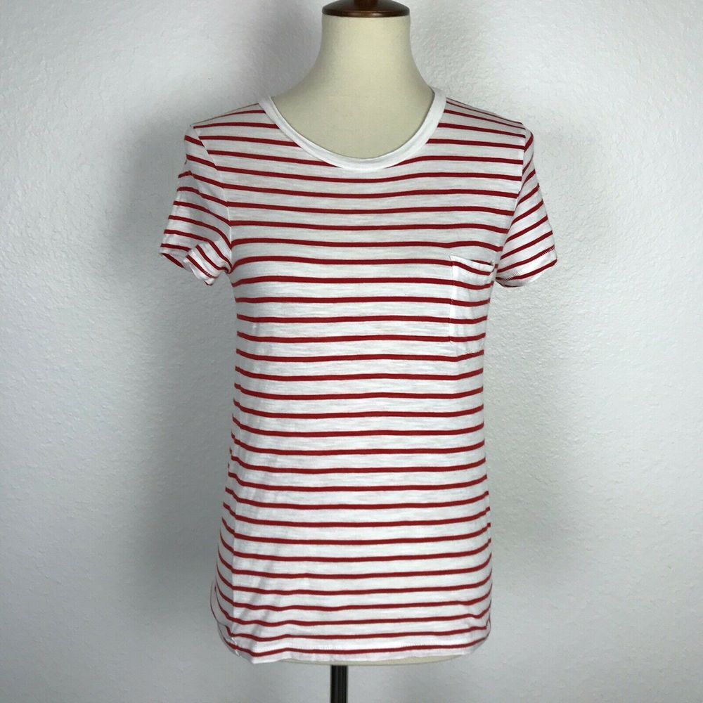Madewell Top Women XXS T-Shirt Pullover Cotton Striped Scoop Neck Red White‎